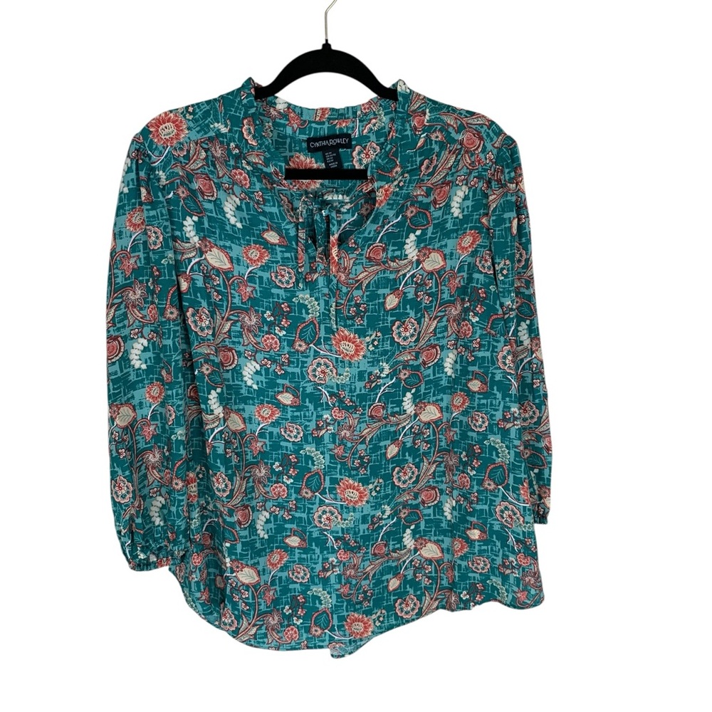 Cynthia Rowley Green Floral 3/4 Sleeve Tie Neck Peasant Top Size 1X Boho